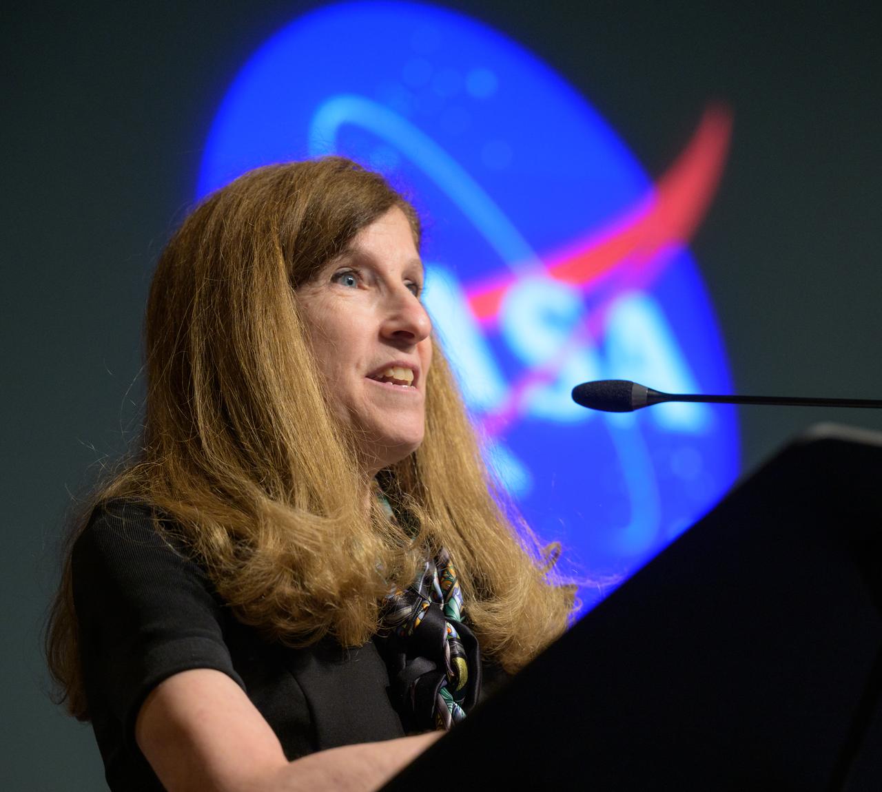 NASA Associate Administrator for International and Interagency Relations Karen Feldstein addresses a Diplomatic Corps during a U.S. Department of State Open House, Monday, April 29, 2024, at the NASA Headquarters Mary W. Jackson Building in Washington. The event was focused on deepening bilateral relationships, specifically how international partnerships are strengthened by space exploration. Photo Credit: (NASA/Bill Ingalls)