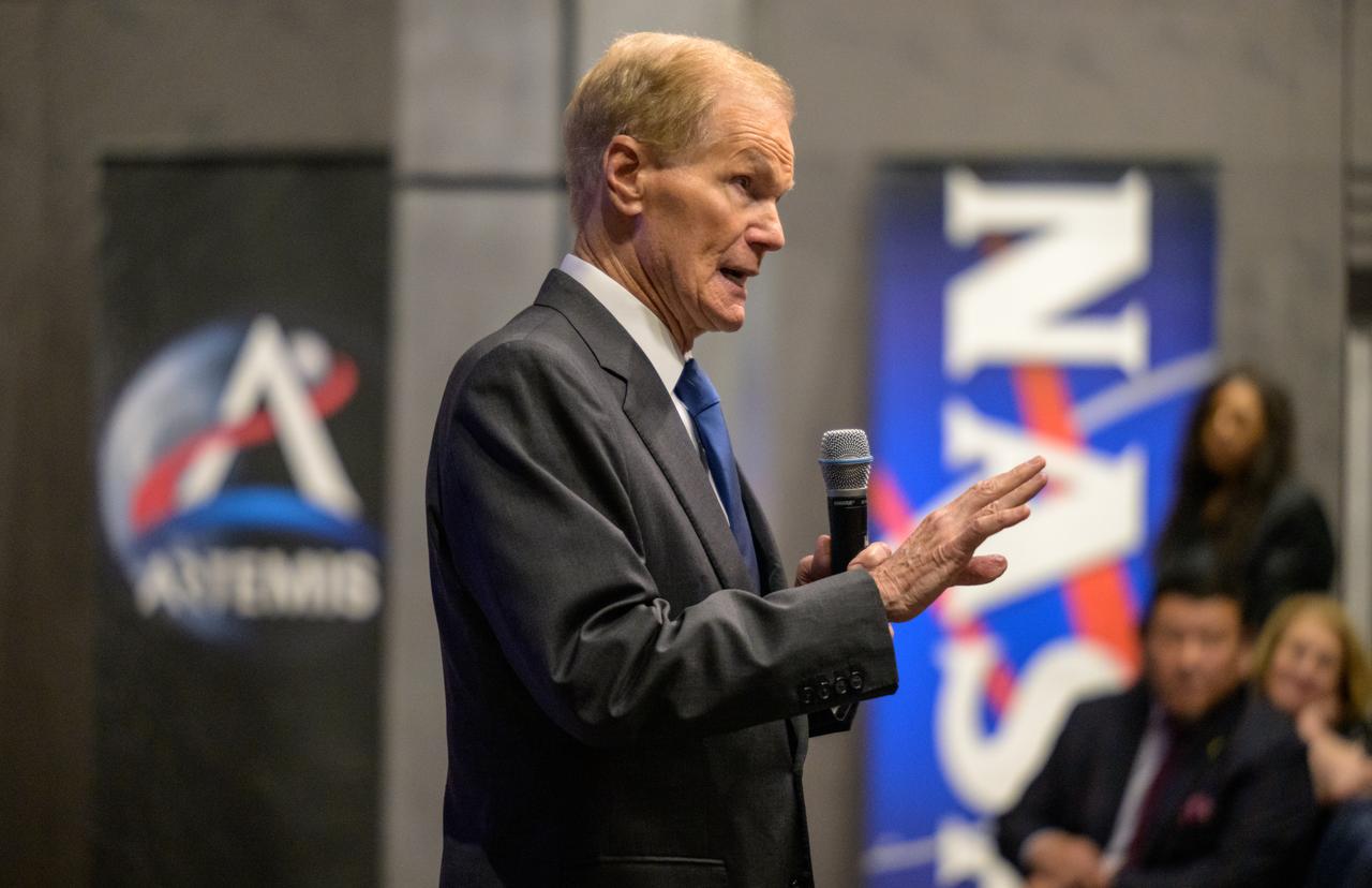 NASA Administrator Bill Nelson addresses a Diplomatic Corps during a U.S. Department of State Open House, Monday, April 29, 2024, at the NASA Headquarters Mary W. Jackson Building in Washington. The event was focused on deepening bilateral relationships, specifically how international partnerships are strengthened by space exploration. Photo Credit: (NASA/Bill Ingalls)
