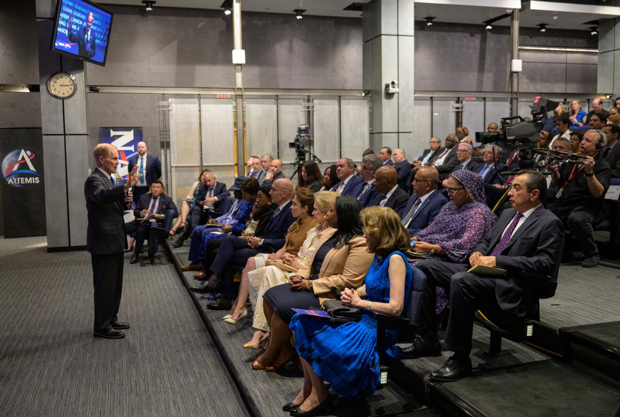 NASA Administrator Bill Nelson addresses a Diplomatic Corps during a U.S. Department of State Open House, Monday, April 29, 2024, at the NASA Headquarters Mary W. Jackson Building in Washington. The event was focused on deepening bilateral relationships, specifically how international partnerships are strengthened by space exploration. Photo Credit: (NASA/Bill Ingalls)