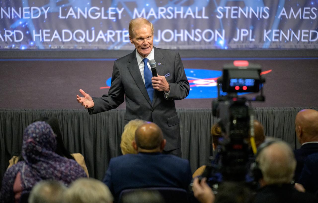 NASA Administrator Bill Nelson addresses a Diplomatic Corps during a U.S. Department of State Open House, Monday, April 29, 2024, at the NASA Headquarters Mary W. Jackson Building in Washington. The event was focused on deepening bilateral relationships, specifically how international partnerships are strengthened by space exploration. Photo Credit: (NASA/Bill Ingalls)