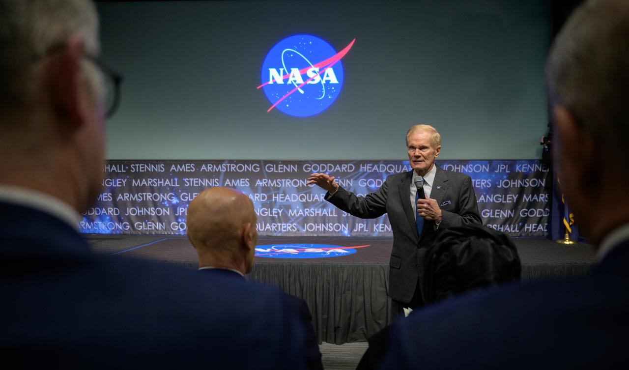 NASA Administrator Bill Nelson addresses a Diplomatic Corps during a U.S. Department of State Open House, Monday, April 29, 2024, at the NASA Headquarters Mary W. Jackson Building in Washington. The event was focused on deepening bilateral relationships, specifically how international partnerships are strengthened by space exploration. Photo Credit: (NASA/Bill Ingalls)