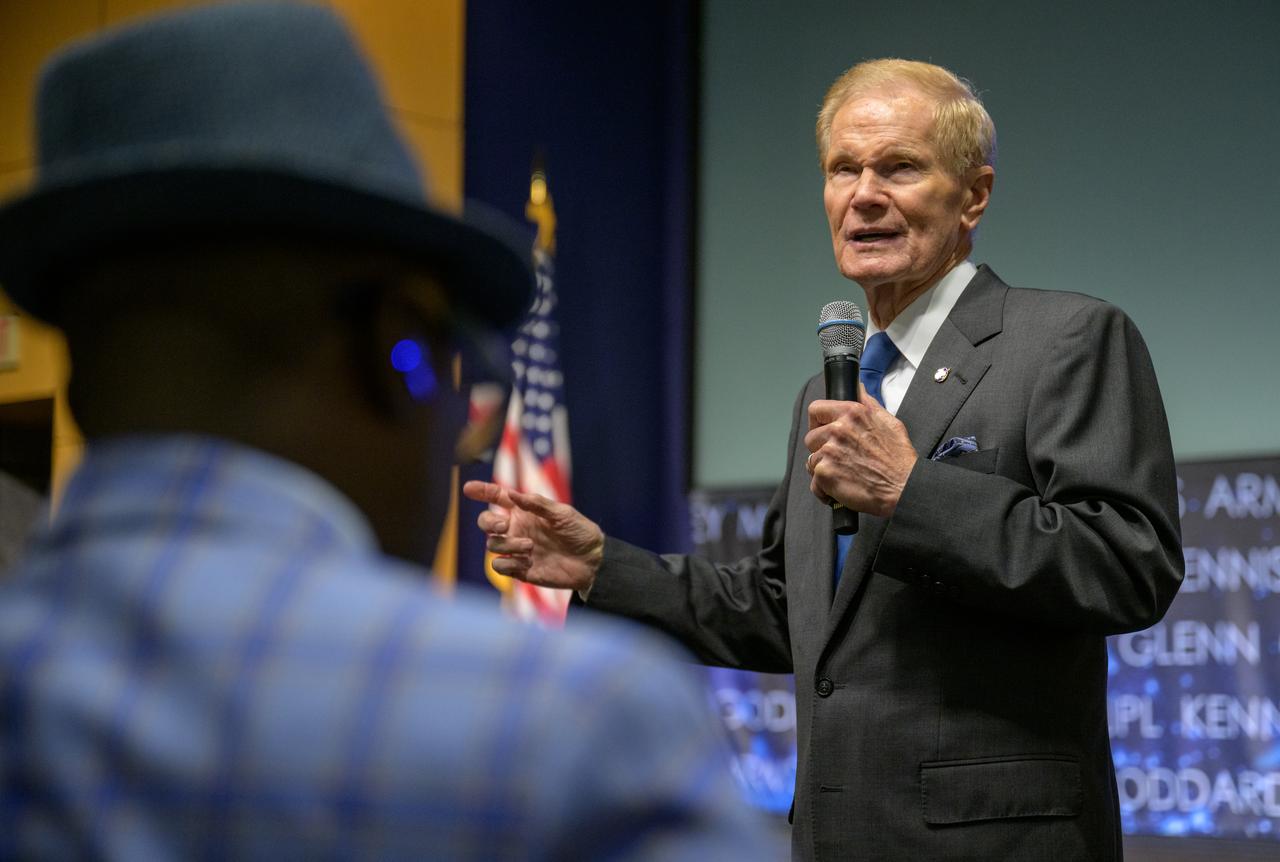 NASA Administrator Bill Nelson addresses a Diplomatic Corps during a U.S. Department of State Open House, Monday, April 29, 2024, at the NASA Headquarters Mary W. Jackson Building in Washington. The event was focused on deepening bilateral relationships, specifically how international partnerships are strengthened by space exploration. Photo Credit: (NASA/Bill Ingalls)