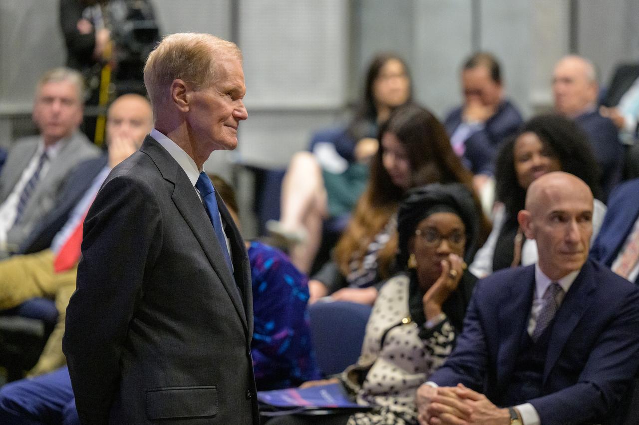 NASA Administrator Bill Nelson addresses a Diplomatic Corps during a U.S. Department of State Open House, Monday, April 29, 2024, at the NASA Headquarters Mary W. Jackson Building in Washington. The event was focused on deepening bilateral relationships, specifically how international partnerships are strengthened by space exploration. Photo Credit: (NASA/Bill Ingalls)