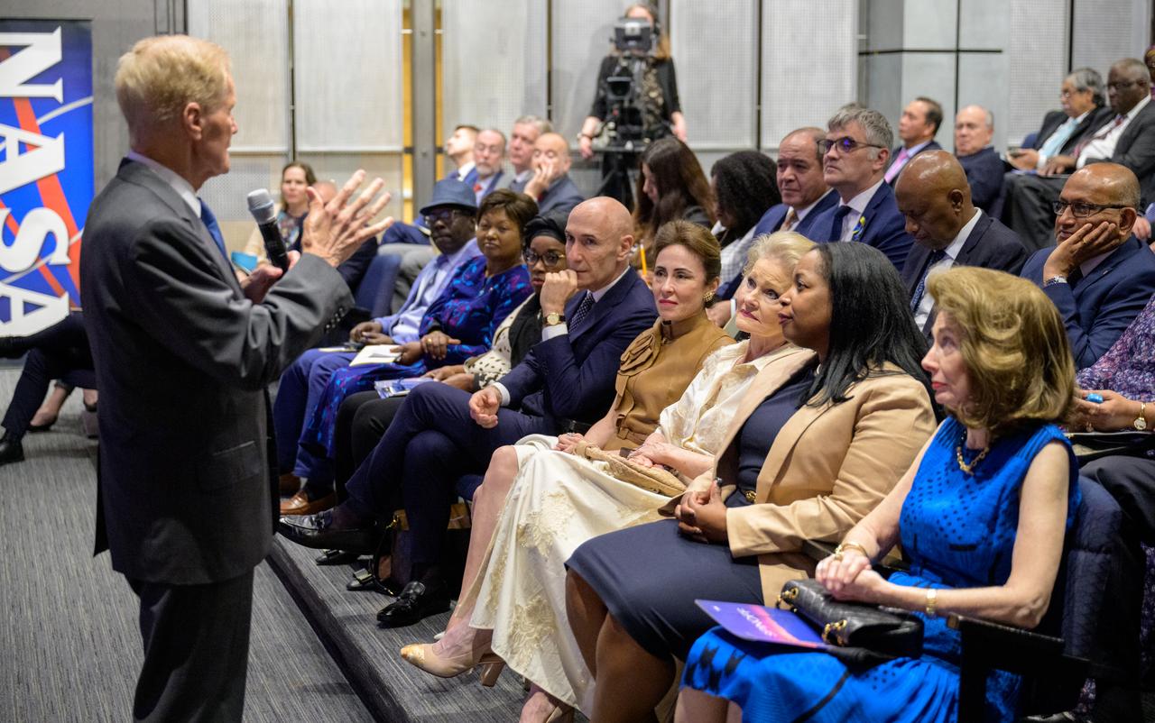 NASA Administrator Bill Nelson addresses a Diplomatic Corps during a U.S. Department of State Open House, Monday, April 29, 2024, at the NASA Headquarters Mary W. Jackson Building in Washington. The event was focused on deepening bilateral relationships, specifically how international partnerships are strengthened by space exploration. Photo Credit: (NASA/Bill Ingalls)