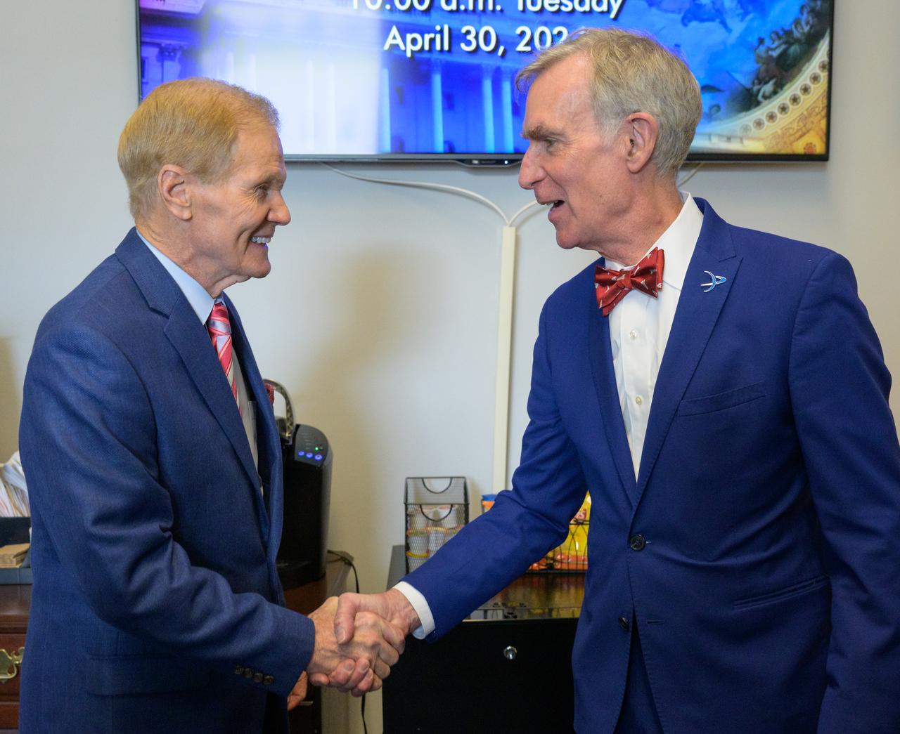 NASA Administrator Bill Nelson, left, and Planetary Society CEO and Science educator, Bill Nye, shake hands, Tuesday, April 30, 2024, at the Rayburn House Office Building in Washington. Photo Credit: (NASA/Bill Ingalls)