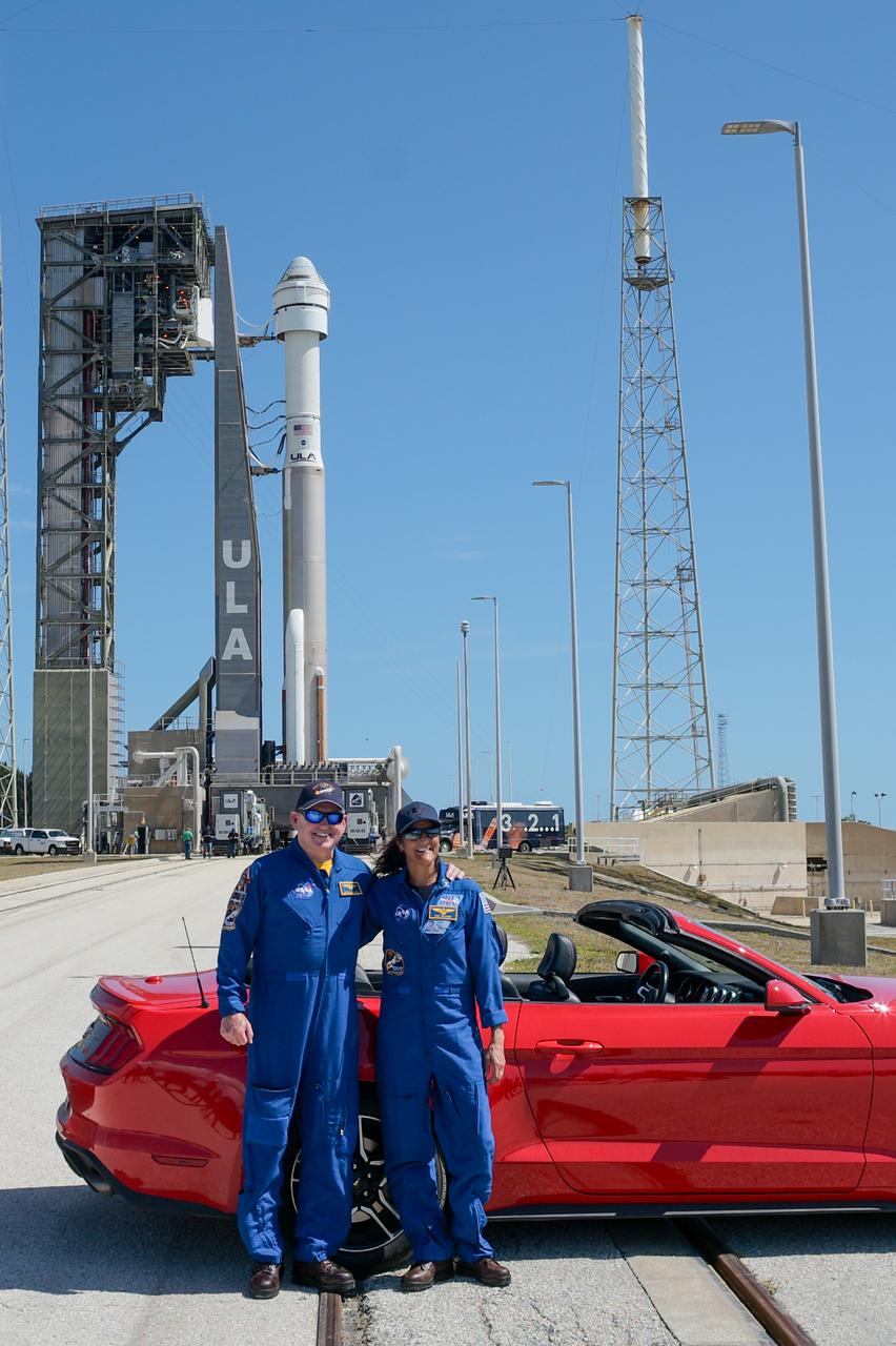 NASA astronauts Butch Wilmore and Suni Williams pose for a picture after a United Launch Alliance Atlas V rocket with Boeing’s CST-100 Starliner spacecraft aboard was rolled out of the Vertical Integration Facility to the launch pad at Space Launch Complex 41 ahead of the NASA’s Boeing Crew Flight Test, Saturday, May 4, 2024 at Cape Canaveral Space Force Station in Florida. NASA’s Boeing Crew Flight Test is the first launch with astronauts aboard the Starliner spacecraft and Atlas V rocket to the International Space Station as part of the agency’s Commercial Crew Program. The flight test, targeted for launch at 10:34 p.m. EDT on Monday, May 6, serves as an end-to-end demonstration of Boeing’s crew transportation system and will carry Wilmore and Williams to and from the orbiting laboratory. Photo Credit: (NASA/Joel Kowsky)