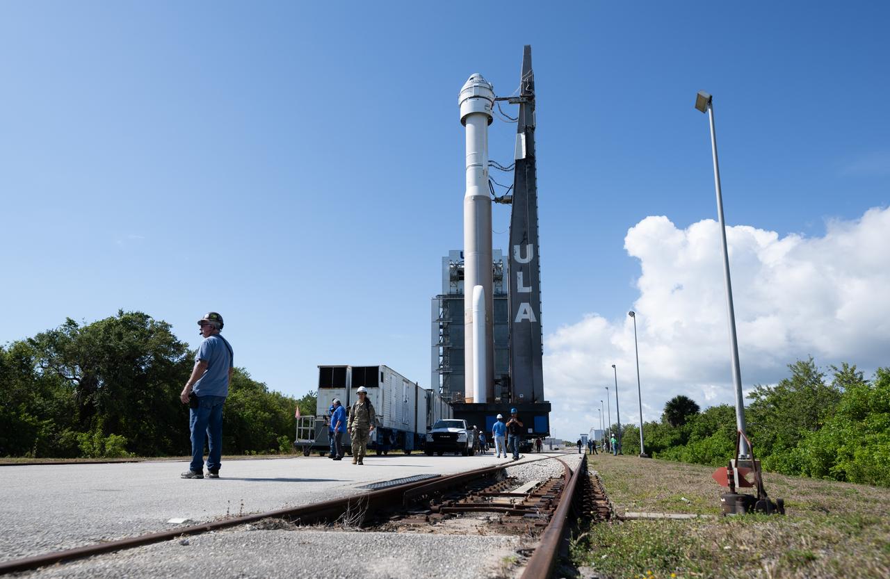 A United Launch Alliance Atlas V rocket with Boeing’s CST-100 Starliner spacecraft aboard is seen as it is rolled out of the Vertical Integration Facility to the launch pad at Space Launch Complex 41 ahead of the NASA’s Boeing Crew Flight Test, Saturday, May 4, 2024 at Cape Canaveral Space Force Station in Florida. NASA’s Boeing Crew Flight Test is the first launch with astronauts aboard the Starliner spacecraft and Atlas V rocket to the International Space Station as part of the agency’s Commercial Crew Program. The flight test, targeted for launch at 10:34 p.m. EDT on Monday, May 6, serves as an end-to-end demonstration of Boeing’s crew transportation system and will carry NASA astronauts Butch Wilmore and Suni Williams to and from the orbiting laboratory. Photo Credit: (NASA/Joel Kowsky)