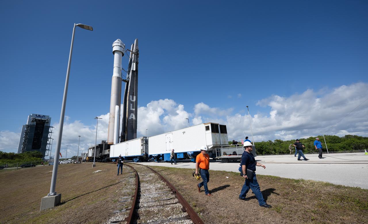 A United Launch Alliance Atlas V rocket with Boeing’s CST-100 Starliner spacecraft aboard is seen as it is rolled out of the Vertical Integration Facility to the launch pad at Space Launch Complex 41 ahead of the NASA’s Boeing Crew Flight Test, Saturday, May 4, 2024 at Cape Canaveral Space Force Station in Florida. NASA’s Boeing Crew Flight Test is the first launch with astronauts aboard the Starliner spacecraft and Atlas V rocket to the International Space Station as part of the agency’s Commercial Crew Program. The flight test, targeted for launch at 10:34 p.m. EDT on Monday, May 6, serves as an end-to-end demonstration of Boeing’s crew transportation system and will carry NASA astronauts Butch Wilmore and Suni Williams to and from the orbiting laboratory. Photo Credit: (NASA/Joel Kowsky)