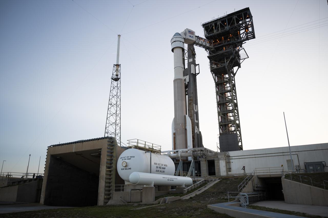 A United Launch Alliance Atlas V rocket with Boeing’s CST-100 Starliner spacecraft aboard is seen on the launch pad at Space Launch Complex 41 ahead of the NASA’s Boeing Crew Flight Test, Sunday, May 5, 2024 at Cape Canaveral Space Force Station in Florida. NASA’s Boeing Crew Flight Test is the first launch with astronauts of the Boeing CFT-100 spacecraft and United Launch Alliance Atlas V rocket to the International Space Station as part of the agency’s Commercial Crew Program. The flight test, targeted for launch at 10:34 p.m. EDT on Monday, May 6, serves as an end-to-end demonstration of Boeing’s crew transportation system and will carry NASA astronauts Butch Wilmore and Suni Williams to and from the orbiting laboratory. Photo Credit: (NASA/Joel Kowsky)
