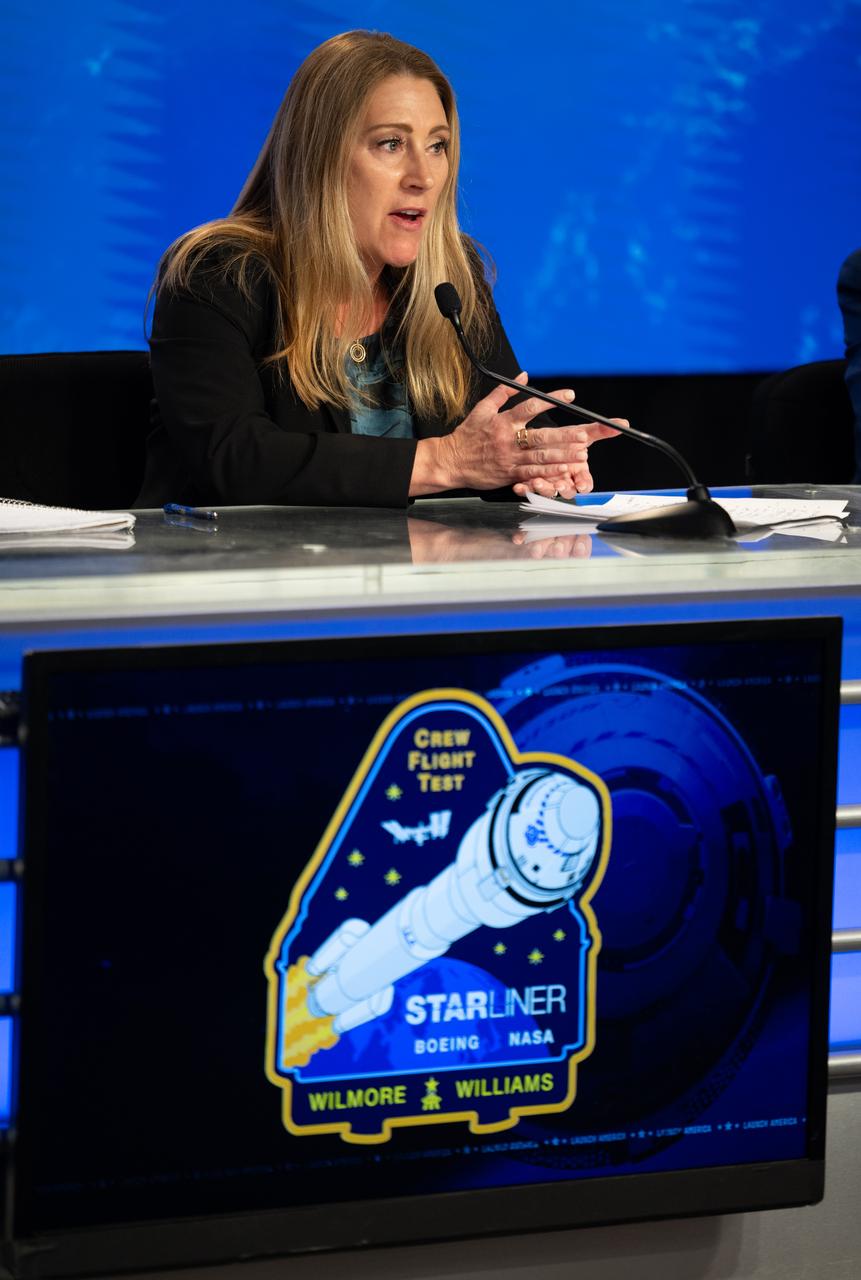 Dana Weigel, manager of NASA's International Space Station Program, is seen during a press conference after the first launch attempt of NASA’s Boeing Crew Flight Test was scrubbed for the day, Monday, May 6, 2024, at NASA’s Kennedy Space Center in Florida. NASA’s Boeing Crew Flight Test is the first launch with astronauts of the Boeing CFT-100 spacecraft and United Launch Alliance Atlas V rocket to the International Space Station as part of the agency’s Commercial Crew Program. The flight test, targeted for launch no earlier than Friday, May 10, serves as an end-to-end demonstration of Boeing’s crew transportation system and will carry NASA astronauts Butch Wilmore and Suni Williams to and from the orbiting laboratory. Photo Credit: (NASA/Joel Kowsky)
