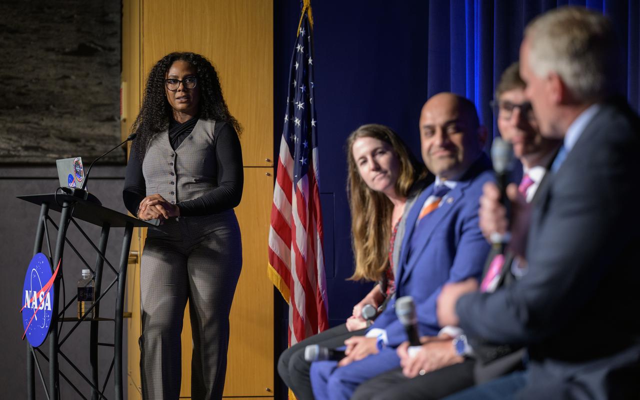 NASA Public Affairs Specialist Melissa Howell, left, NASA Chief Scientist Kate Calvin, NASA Chief Technologist A.C. Charania, NASA Chief Artificial Intelligence Officer David Salvagnini, and NASA Chief Information Officer Jeff Seaton, right, participate in a NASA employee town hall on how the agency is using and developing Artificial Intelligence (AI) tools to advance missions and research, Wednesday, May 22, 2024, at the NASA Headquarters Mary W. Jackson Building in Washington. Photo Credit: (NASA/Bill Ingalls)