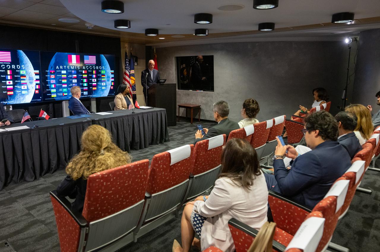 Peruvian Foreign Minister Javier González-Olaechea delivers remarks during an Artemis Accords signing ceremony, Thursday, May 30, 2024, at the Mary W. Jackson NASA Headquarters building in Washington. Peru is the 41st country to sign the Artemis Accords, which establish a practical set of principles to guide space exploration cooperation among nations participating in NASA’s Artemis program. Photo Credit: (NASA/Keegan Barber)