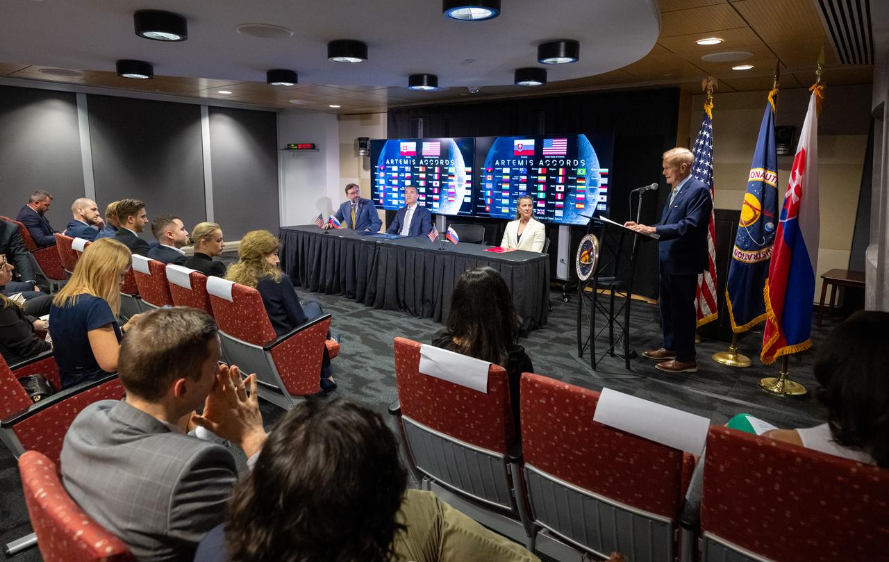 NASA Administrator Bill Nelson delivers remarks during an Artemis Accords signing ceremony, Thursday, May 30, 2024, at the Mary W. Jackson NASA Headquarters building in Washington. Slovakia is the 42nd country to sign the Artemis Accords, which establish a practical set of principles to guide space exploration cooperation among nations participating in NASA’s Artemis program. Photo Credit: (NASA/Keegan Barber)