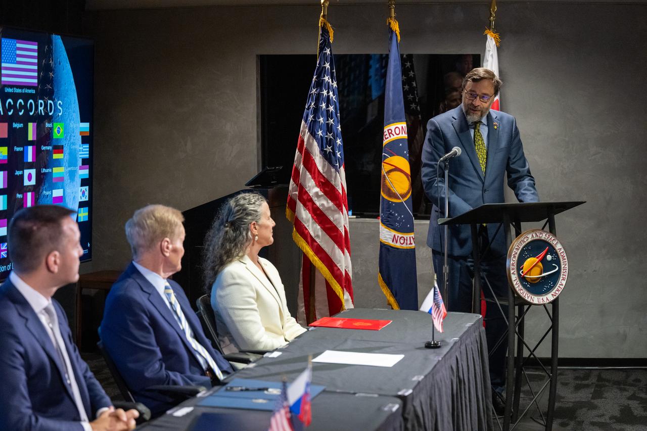 Ambassador of the Slovak Republic to the United States Radovan Javorcik delivers remarks during an Artemis Accords signing ceremony, Thursday, May 30, 2024, at the Mary W. Jackson NASA Headquarters building in Washington. Slovakia is the 42nd country to sign the Artemis Accords, which establish a practical set of principles to guide space exploration cooperation among nations participating in NASA’s Artemis program. Photo Credit: (NASA/Keegan Barber)
