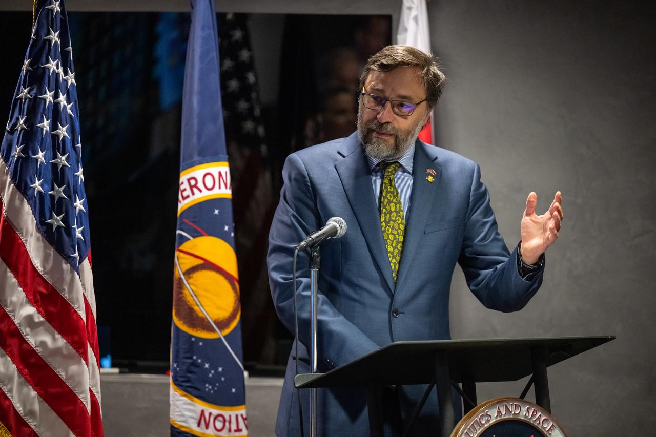 Ambassador of the Slovak Republic to the United States Radovan Javorcik delivers remarks during an Artemis Accords signing ceremony, Thursday, May 30, 2024, at the Mary W. Jackson NASA Headquarters building in Washington. Slovakia is the 42nd country to sign the Artemis Accords, which establish a practical set of principles to guide space exploration cooperation among nations participating in NASA’s Artemis program. Photo Credit: (NASA/Keegan Barber)