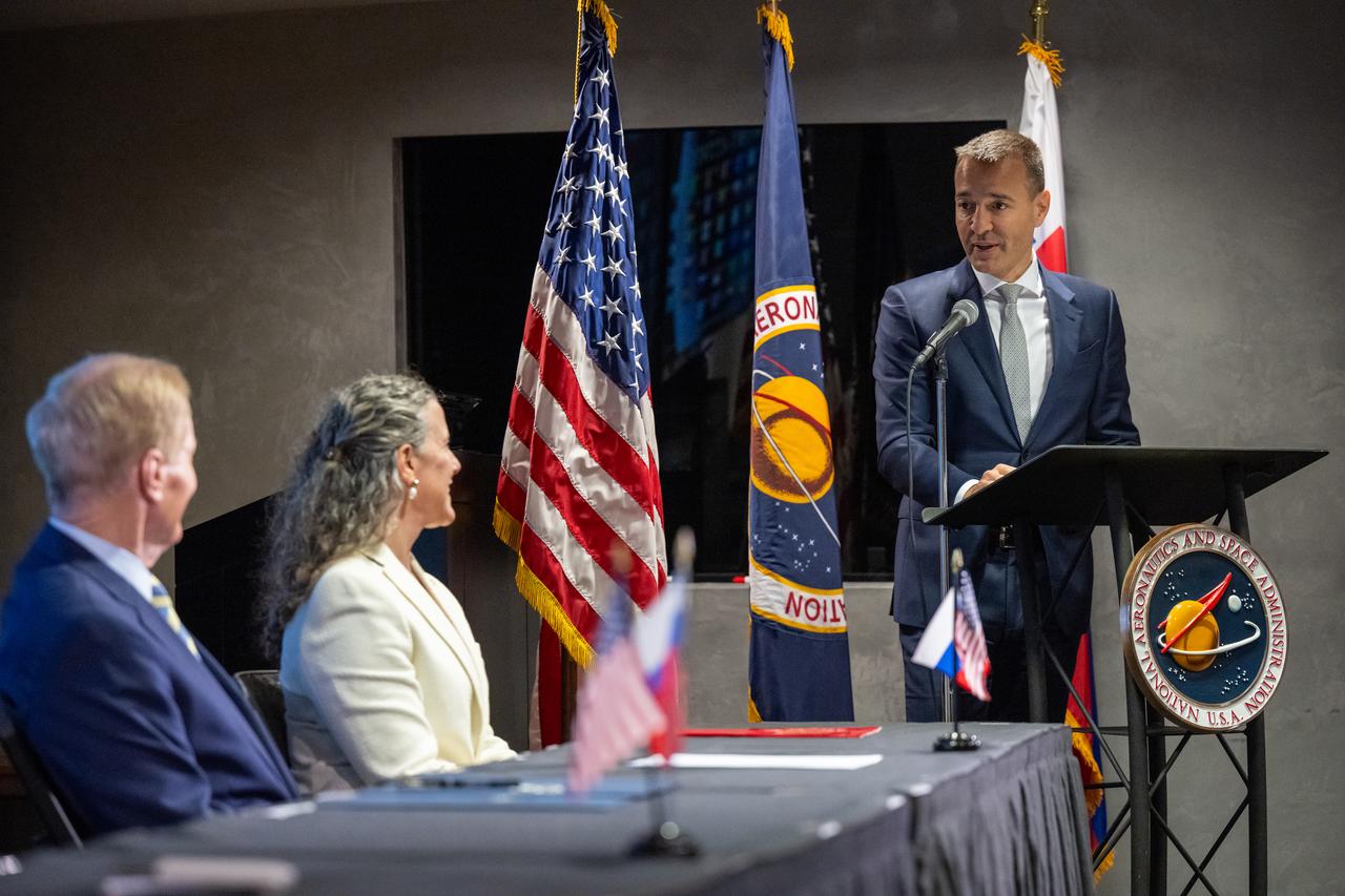Slovak Republic Minister of Education, Research, Development, and Youth Tomáš Drucker delivers remarks during an Artemis Accords signing ceremony, Thursday, May 30, 2024, at the Mary W. Jackson NASA Headquarters building in Washington. Slovakia is the 42nd country to sign the Artemis Accords, which establish a practical set of principles to guide space exploration cooperation among nations participating in NASA’s Artemis program. Photo Credit: (NASA/Keegan Barber)