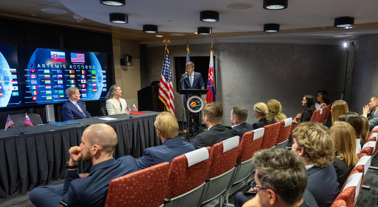 Slovak Republic Minister of Education, Research, Development, and Youth Tomáš Drucker delivers remarks during an Artemis Accords signing ceremony, Thursday, May 30, 2024, at the Mary W. Jackson NASA Headquarters building in Washington. Slovakia is the 42nd country to sign the Artemis Accords, which establish a practical set of principles to guide space exploration cooperation among nations participating in NASA’s Artemis program. Photo Credit: (NASA/Keegan Barber)