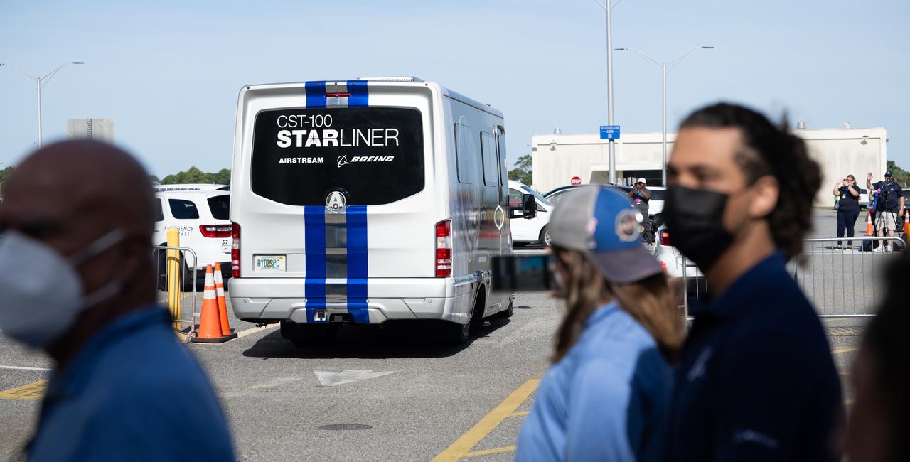 The crew transport vehicle carrying NASA astronauts Suni Williams and Butch Wilmore is seen as it departs the Neil A. Armstrong Operations and Checkout Building for Launch Complex 41 on Cape Canaveral Space Force Station to board the Boeing CST-100 Starliner spacecraft for the Crew Flight Test launch, Saturday, June 1, 2024, at NASA’s Kennedy Space Center in Florida. NASA’s Boeing Crew Flight Test is the first launch with astronauts of the Boeing CFT-100 spacecraft and United Launch Alliance Atlas V rocket to the International Space Station as part of the agency’s Commercial Crew Program. The flight test, targeted for launch at 12:25 p.m. EDT, serves as an end-to-end demonstration of Boeing’s crew transportation system and will carry Wilmore and Williams to and from the orbiting laboratory. Photo Credit: (NASA/Joel Kowsky)