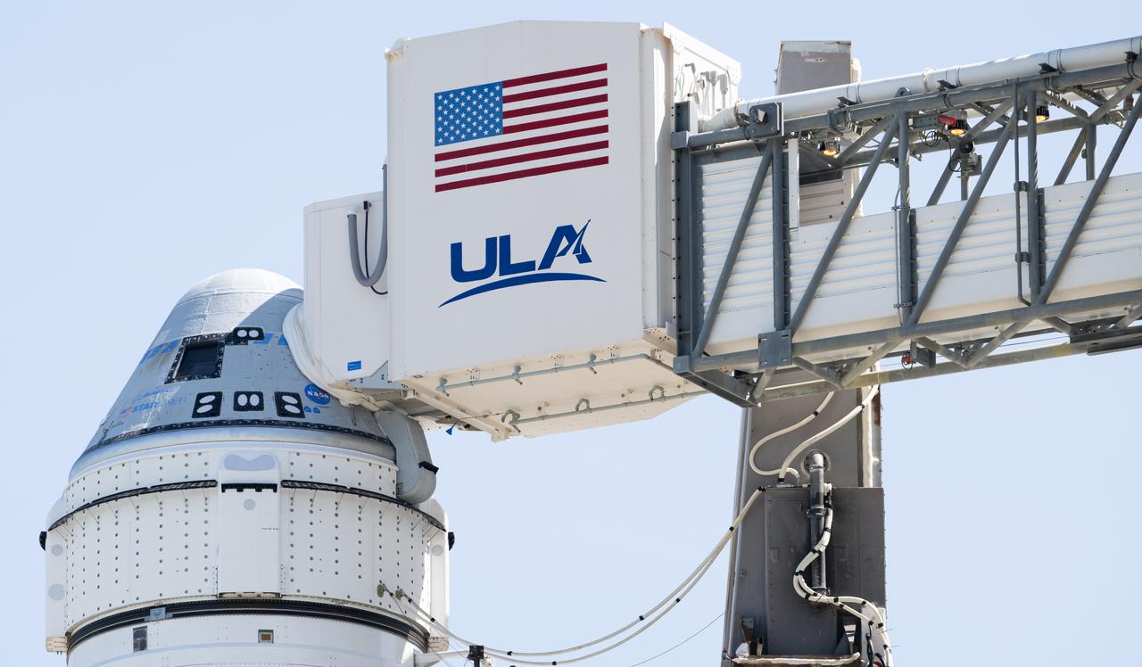 A Boeing CST-100 Starliner spacecraft is seen aboard a United Launch Alliance Atlas V rocket on the launch pad at Space Launch Complex 41 ahead of the NASA’s Boeing Crew Flight Test, Monday, June 3, 2024 at Cape Canaveral Space Force Station in Florida. NASA’s Boeing Crew Flight Test is the first launch with astronauts of the Boeing CFT-100 spacecraft and United Launch Alliance Atlas V rocket to the International Space Station as part of the agency’s Commercial Crew Program. The flight test, targeted for launch at 10:52 a.m. EDT on Wednesday, June 5, serves as an end-to-end demonstration of Boeing’s crew transportation system and will carry NASA astronauts Butch Wilmore and Suni Williams to and from the orbiting laboratory. Photo Credit: (NASA/Joel Kowsky)