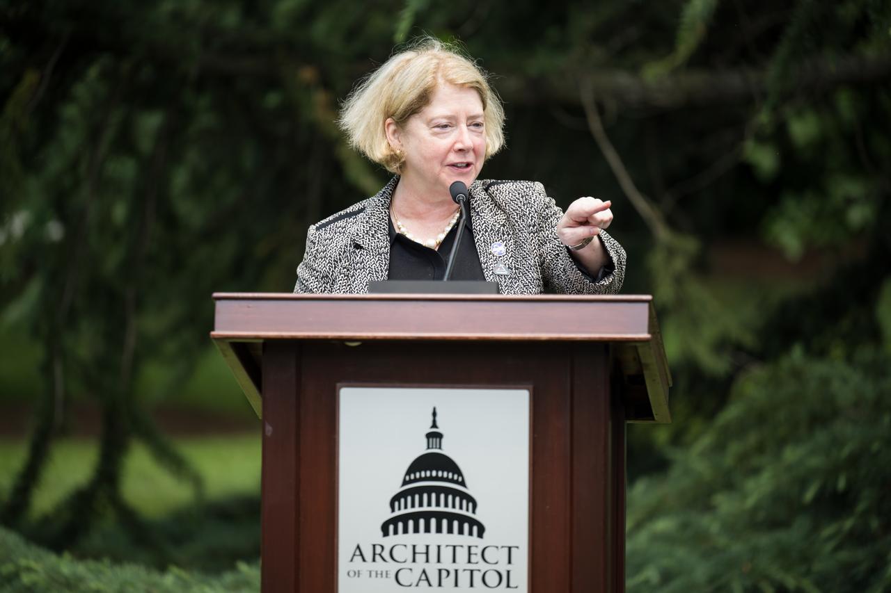 NASA Deputy Administrator Pam Melroy provides remarks at a Moon tree dedication ceremony, Tuesday, June 4, 2024 at the United States Capitol in Washington. The American Sweetgum tree planted on the southwestern side of the Capitol, was grown from a seed that was flown around the Moon during the Artemis I mission. Photo Credit: (NASA/Aubrey Gemignani)