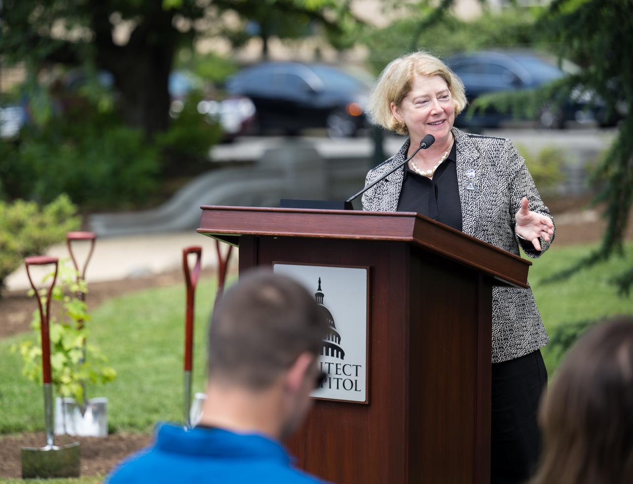 NASA Deputy Administrator Pam Melroy provides remarks at a Moon tree dedication ceremony, Tuesday, June 4, 2024 at the United States Capitol in Washington. The American Sweetgum tree planted on the southwestern side of the Capitol, was grown from a seed that was flown around the Moon during the Artemis I mission. Photo Credit: (NASA/Aubrey Gemignani)