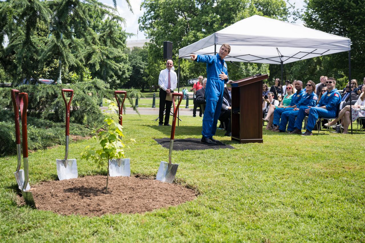 Artemis II Commander, NASA astronaut Reid Wiseman provides remarks at a Moon tree dedication ceremony, Tuesday, June 4, 2024 at the United States Capitol in Washington. The American Sweetgum tree planted on the southwestern side of the Capitol, was grown from a seed that was flown around the Moon during the Artemis I mission. Photo Credit: (NASA/Aubrey Gemignani)