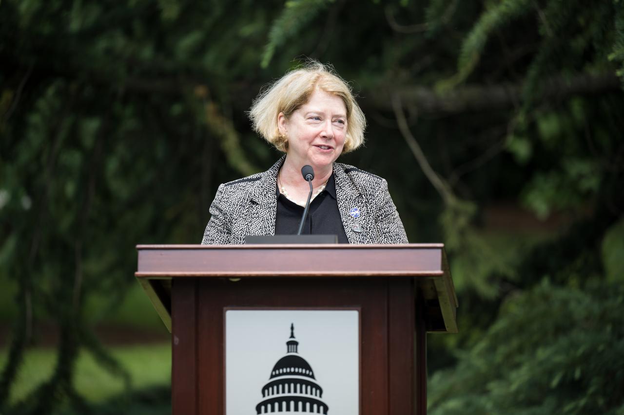 NASA Deputy Administrator Pam Melroy provides remarks at a Moon tree dedication ceremony, Tuesday, June 4, 2024 at the United States Capitol in Washington. The American Sweetgum tree planted on the southwestern side of the Capitol, was grown from a seed that was flown around the Moon during the Artemis I mission. Photo Credit: (NASA/Aubrey Gemignani)