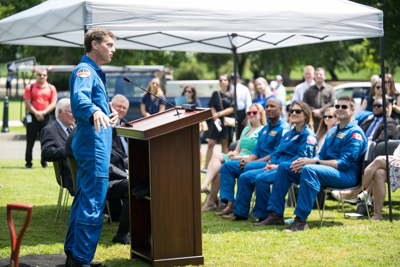Artemis II Commander, NASA astronaut Reid Wiseman provides remarks at a Moon tree dedication ceremony, Tuesday, June 4, 2024 at the United States Capitol in Washington. The American Sweetgum tree planted on the southwestern side of the Capitol, was grown from a seed that was flown around the Moon during the Artemis I mission. Photo Credit: (NASA/Aubrey Gemignani)