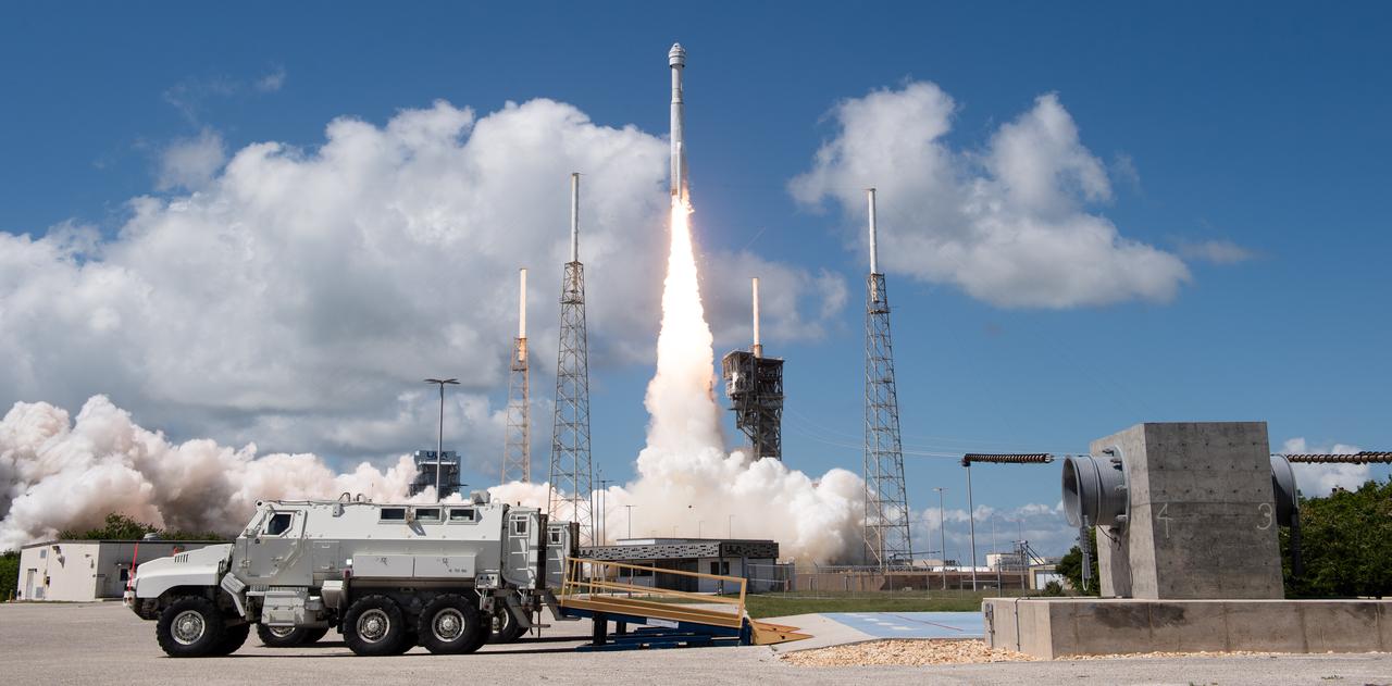 Two emergency egress vehicles are seen position at the slidewire termination area at Space Launch Complex 41 as a United Launch Alliance Atlas V rocket with Boeing’s CST-100 Starliner spacecraft aboard launches from Cape Canaveral Space Force Station, Wednesday, June 5, 2024, in Florida. NASA’s Boeing Crew Flight Test is the first launch with astronauts of the Boeing CFT-100 spacecraft and United Launch Alliance Atlas V rocket to the International Space Station as part of the agency’s Commercial Crew Program. The flight test, which launched at 10:52 a.m. EDT, serves as an end-to-end demonstration of Boeing’s crew transportation system and will carry NASA astronauts Butch Wilmore and Suni Williams to and from the orbiting laboratory. Photo Credit: (NASA/Joel Kowsky)