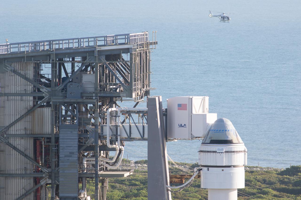A United Launch Alliance Atlas V rocket with Boeing’s CST-100 Starliner spacecraft aboard is seen at Space Launch Complex 41 at Cape Canaveral Space Force Station ahead of the launch of NASA’s Boeing Crew Flight Test, Wednesday, June 5, 2024, in Florida. NASA’s Boeing Crew Flight Test is the first launch with astronauts of the Boeing CFT-100 spacecraft and United Launch Alliance Atlas V rocket to the International Space Station as part of the agency’s Commercial Crew Program. The flight test, which launched at 10:52 a.m. EDT, serves as an end-to-end demonstration of Boeing’s crew transportation system and will carry NASA astronauts Butch Wilmore and Suni Williams to and from the orbiting laboratory. Photo Credit: (NASA/Joel Kowsky)