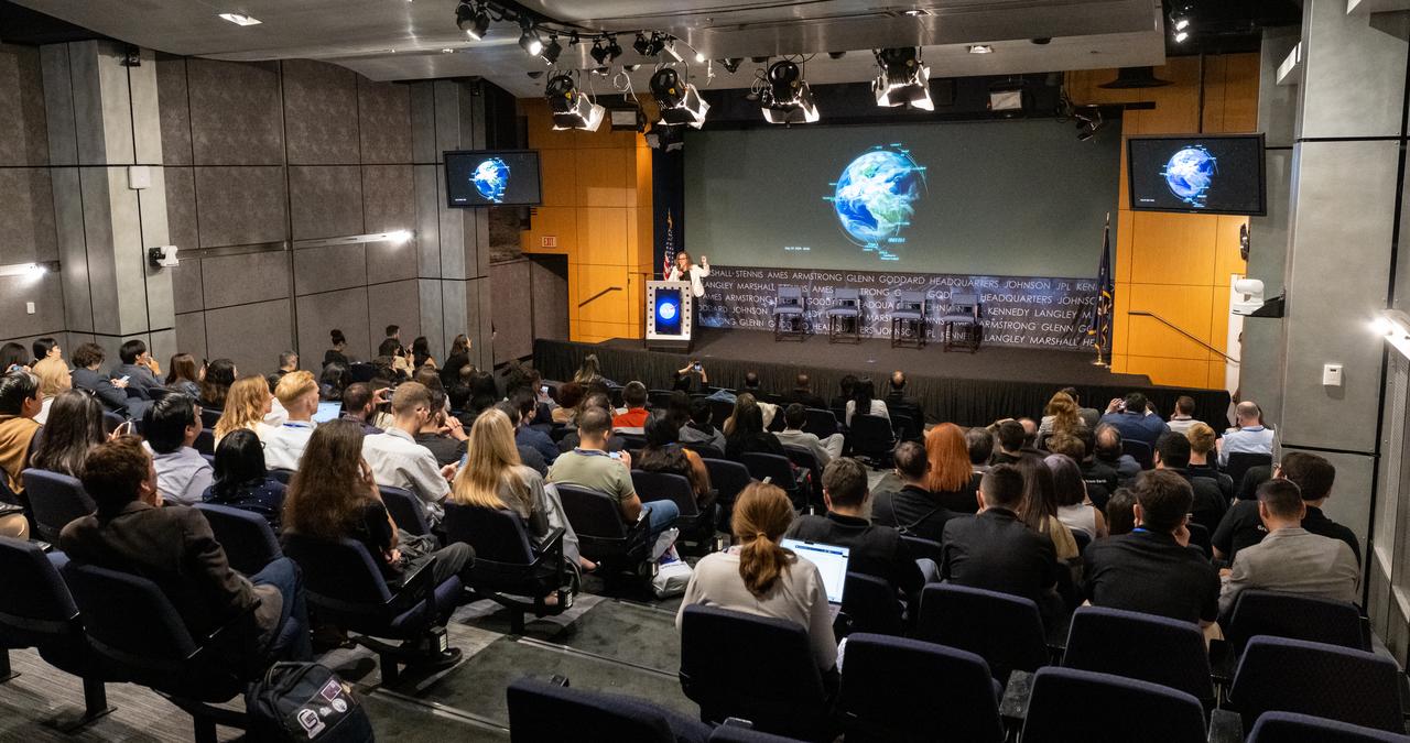 NASA Earth Science Division Director Karen St. Germain delivers remarks during a gathering of NASA Space Apps Challenge Global Winners and Local Leads from around the world Wednesday, June 5, 2024, at the Mary W. Jackson NASA Headquarters building in Washington. Photo Credit: (NASA/Keegan Barber)