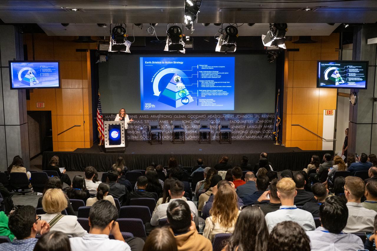 NASA Earth Science Division Director Karen St. Germain delivers remarks during a gathering of NASA Space Apps Challenge Global Winners and Local Leads from around the world Wednesday, June 5, 2024, at the Mary W. Jackson NASA Headquarters building in Washington. Photo Credit: (NASA/Keegan Barber)