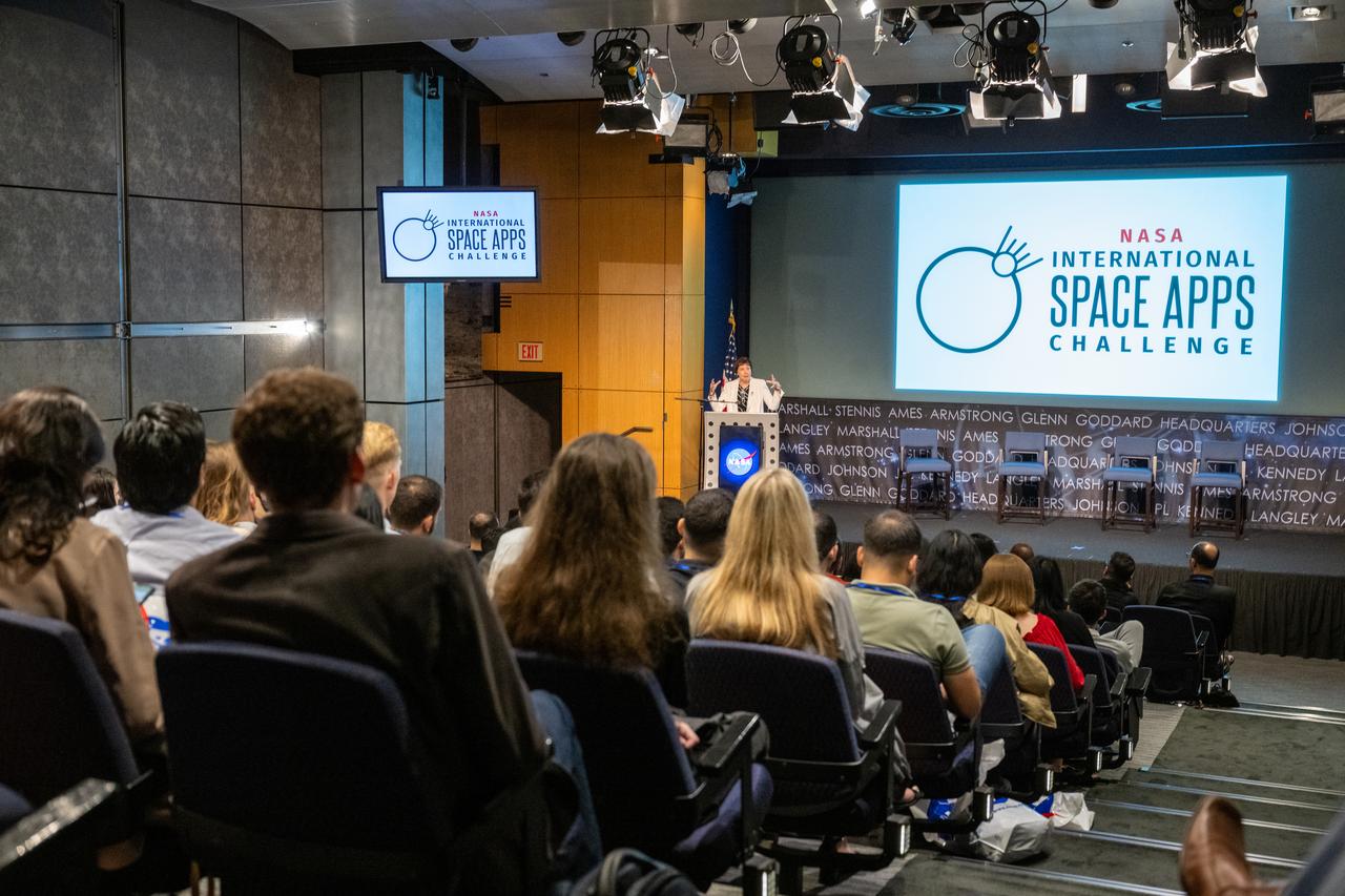 NASA Earth Science Division Associate Administrator Nicola Fox delivers remarks during a gathering of NASA Space Apps Challenge Global Winners and Local Leads from around the world Wednesday, June 5, 2024, at the Mary W. Jackson NASA Headquarters building in Washington. Photo Credit: (NASA/Keegan Barber)