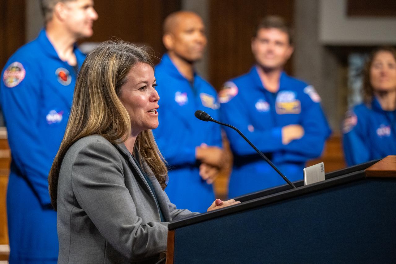 NASA Office of Legislative Affairs Associate Administrator Alicia Brown delivers remarks during a reception with Artemis II crew members Wednesday, June 5, 2024, at the Dirksen Senate Office Building in Washington. Photo Credit: (NASA/Keegan Barber)