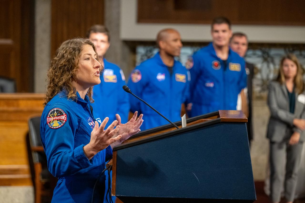 NASA astronaut Christina Hammock Koch delivers remarks during a reception with Artemis II crew members Wednesday, June 5, 2024, at the Dirksen Senate Office Building in Washington. Photo Credit: (NASA/Keegan Barber)