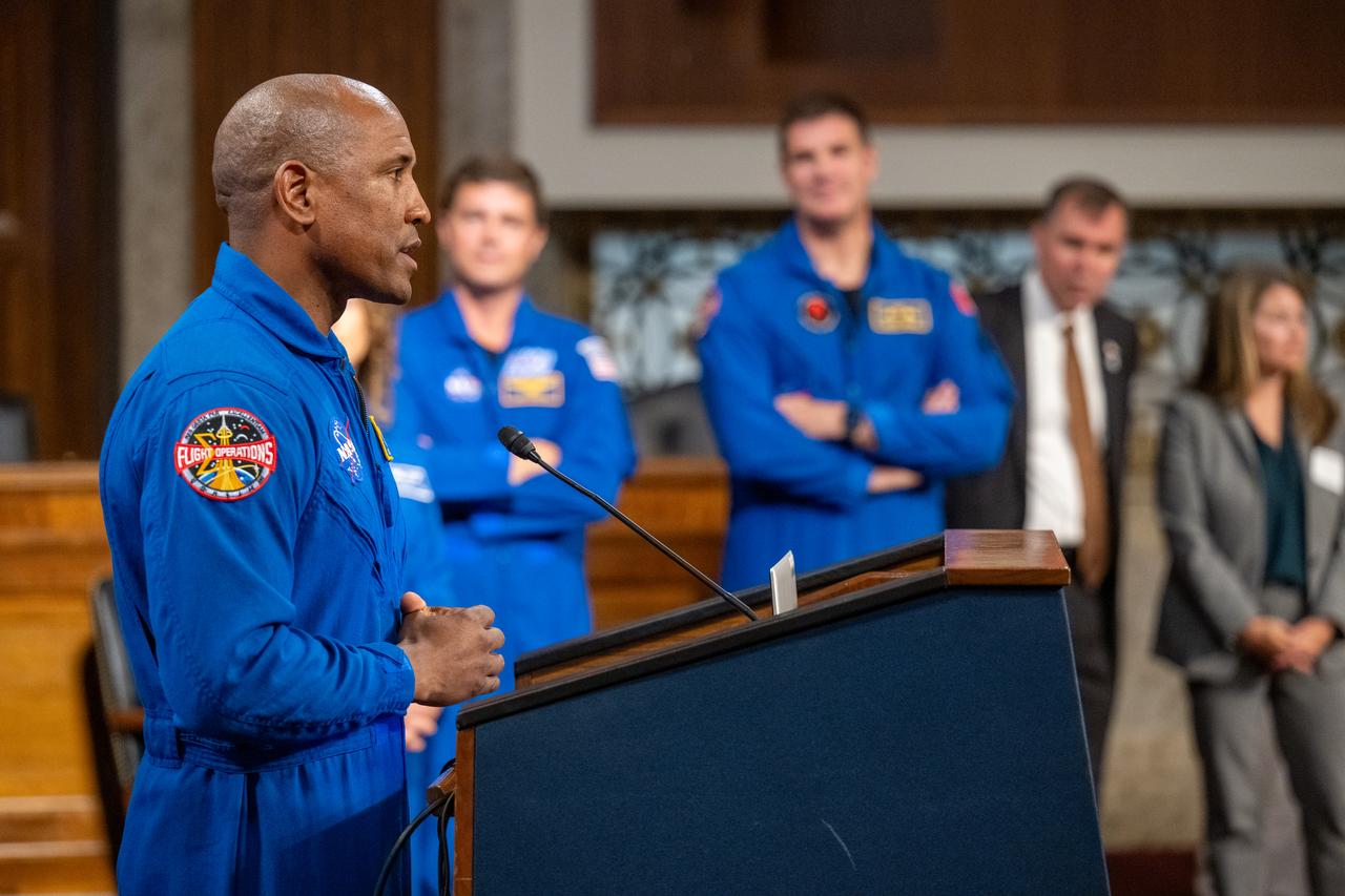NASA astronaut Victor Glover delivers remarks during a reception with Artemis II crew members Wednesday, June 5, 2024, at the Dirksen Senate Office Building in Washington.  Photo Credit: (NASA/Keegan Barber)