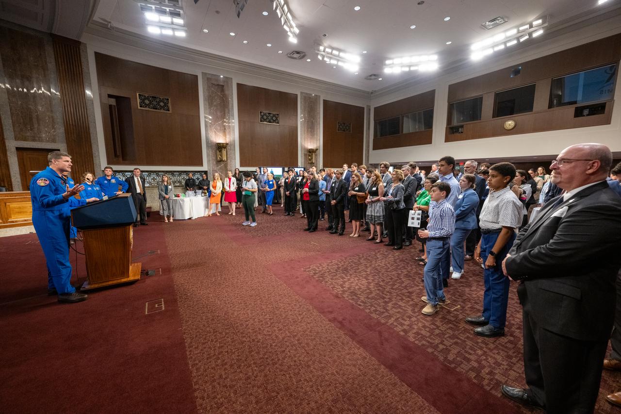 CSA (Canadian Space Agency) astronaut Jeremy Hansen delivers remarks during a reception with Artemis II crew members Wednesday, June 5, 2024, at the Dirksen Senate Office Building in Washington. Photo Credit: (NASA/Keegan Barber)