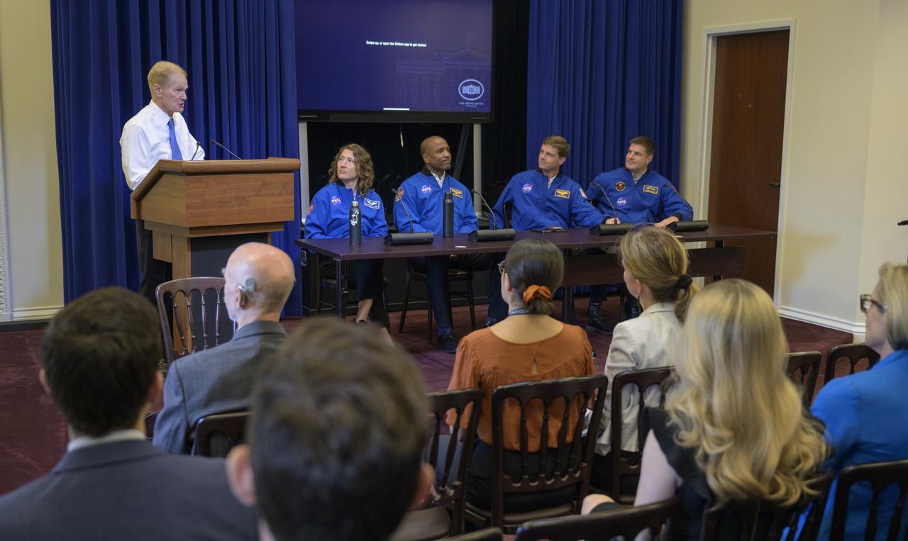 NASA Administrator Bill Nelson gives remarks during a White House staff briefing with Artemis II crew, NASA astronauts Christina Koch, left, Victor Glover, Reid Wiseman, and Canadian Space Agency (CSA) astronaut Jeremy Hansen, right, Thursday, June 6, 2024, at the Eisenhower Executive Office Building in Washington. Photo Credit: (NASA/Bill Ingalls)