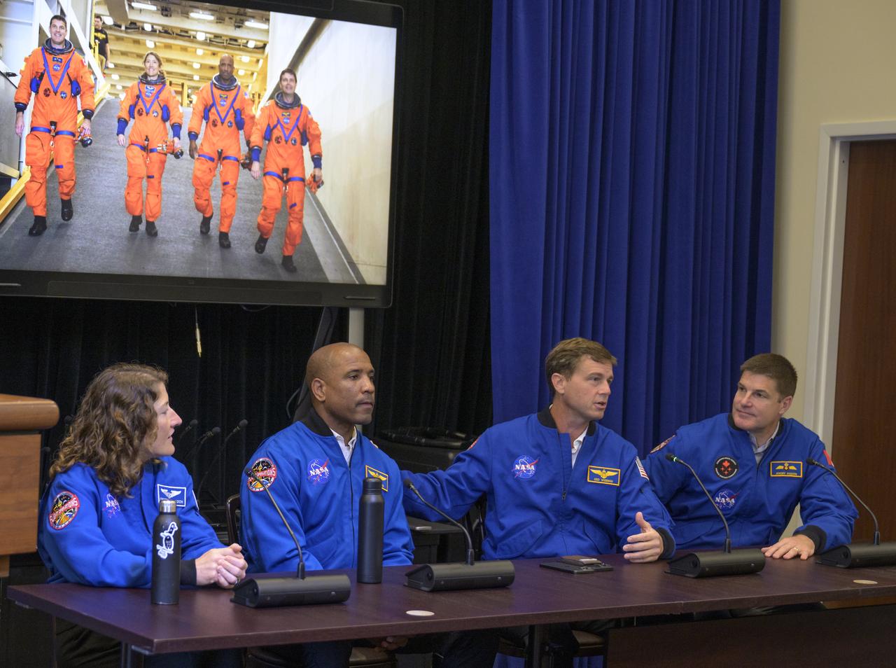 The Artemis II crew, NASA astronauts Christina Koch, left, Victor Glover, Reid Wiseman, and Canadian Space Agency (CSA) astronaut Jeremy Hansen, right, participate in a White House staff briefing, Thursday, June 6, 2024, at the Eisenhower Executive Office Building in Washington. Photo Credit: (NASA/Bill Ingalls)
