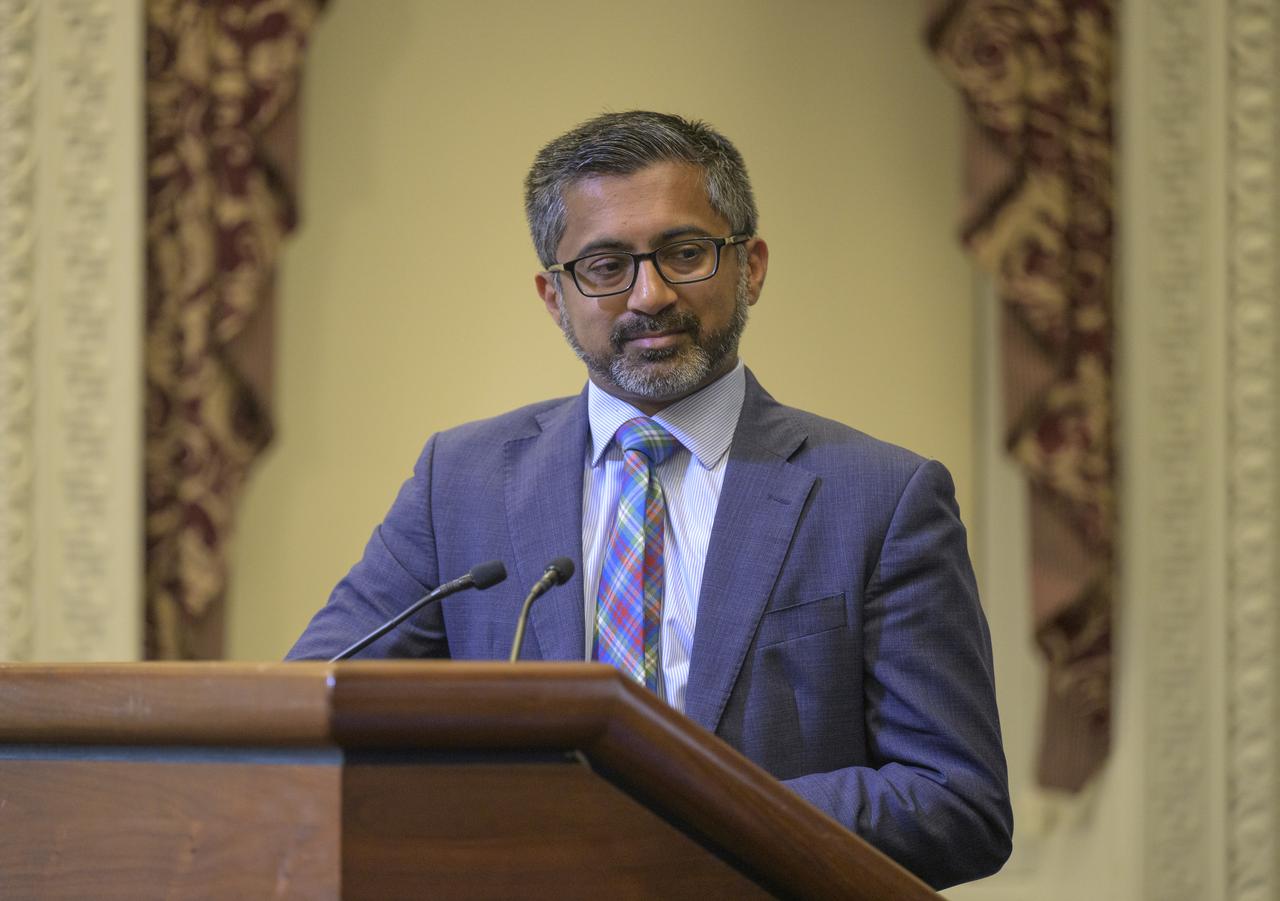 Chirag Parikh, Deputy Assistant to the President and Executive Secretary of the National Space Council listens during a White House staff briefing with Artemis II crew, NASA astronauts Christina Koch, Victor Glover, Reid Wiseman, and Canadian Space Agency (CSA) astronaut Jeremy Hansen, Thursday, June 6, 2024, at the Eisenhower Executive Office Building in Washington. Photo Credit: (NASA/Bill Ingalls)