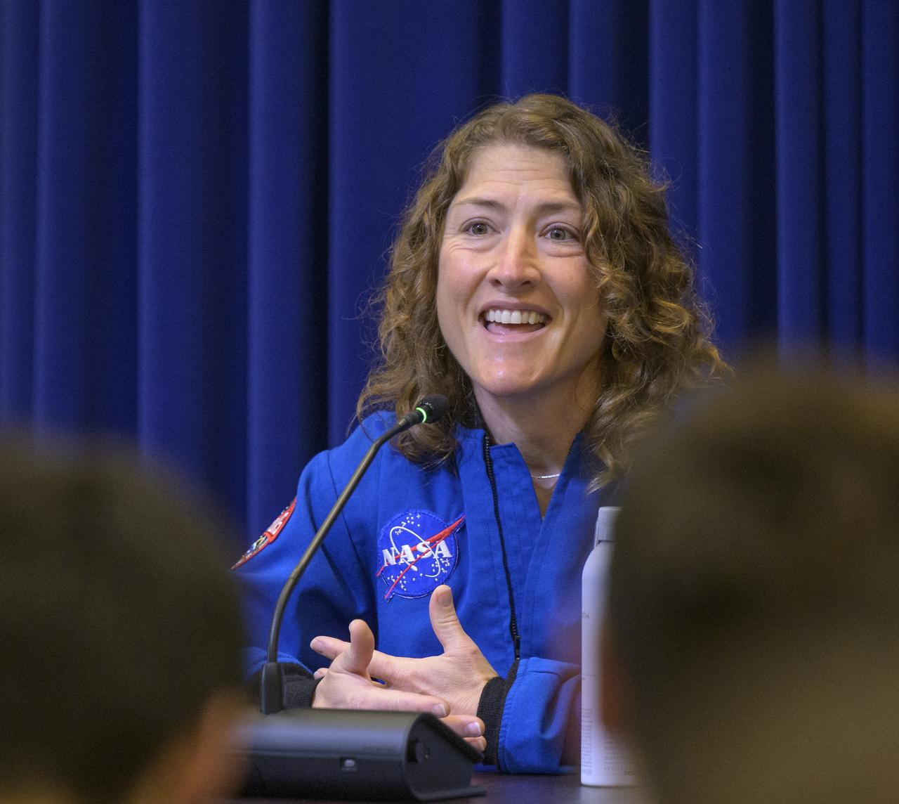 NASA astronaut Christina Koch gives remarks during a White House staff briefing along with her fellow Artemis II crew, NASA astronauts Reid Wiseman, Victor Glover, and Canadian Space Agency (CSA) astronaut Jeremy Hansen, Thursday, June 6, 2024, at the Eisenhower Executive Office Building in Washington. Photo Credit: (NASA/Bill Ingalls)
