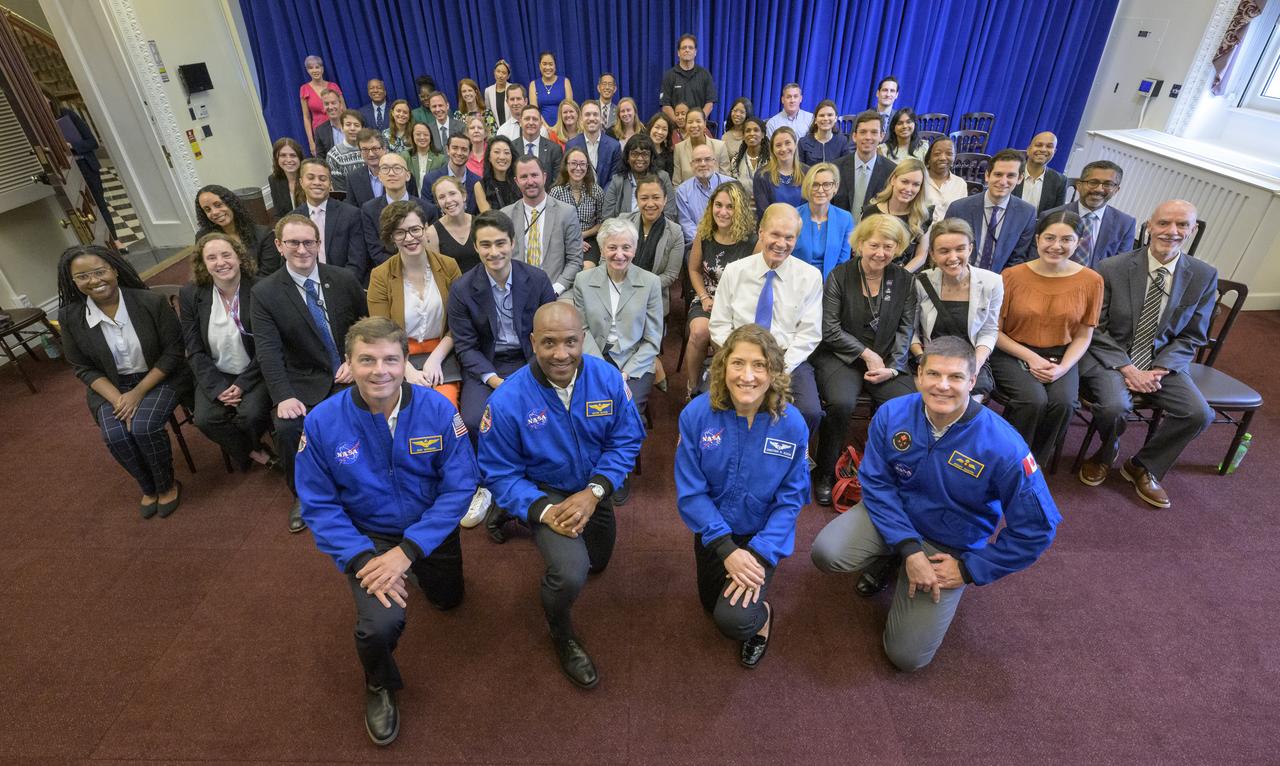 The Artemis II crew, NASA astronauts Reid Wiseman, left, Victor Glover, Christina Koch, and Canadian Space Agency (CSA) astronaut Jeremy Hansen, right, pose for a group photograph with White House staff after a briefing, Thursday, June 6, 2024, at the Eisenhower Executive Office Building in Washington. Photo Credit: (NASA/Bill Ingalls)