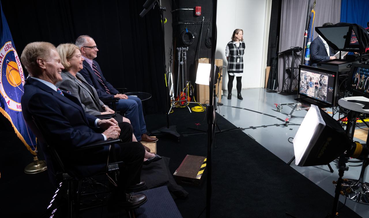 NASA Administrator Bill Nelson, left, NASA Deputy Administrator Pam Melroy, and NASA Associate Administrator Jim Free are seen during an Earth-to-space call with the agency’s Boeing Crew Flight Test crew members Butch Wilmore and Suni Williams aboard the International Space Station, visible on monitor to the right, Monday, June 10, 2024 at the Mary W. Jackson NASA Headquarters building in Washington. Nelson, Melroy, Free, and Johnson Space Center Director Vanessa Wyche spoke to Wilmore and Williams about their mission aboard Boeing’s Starliner Spacecraft. Photo Credit: (NASA/Joel Kowsky)