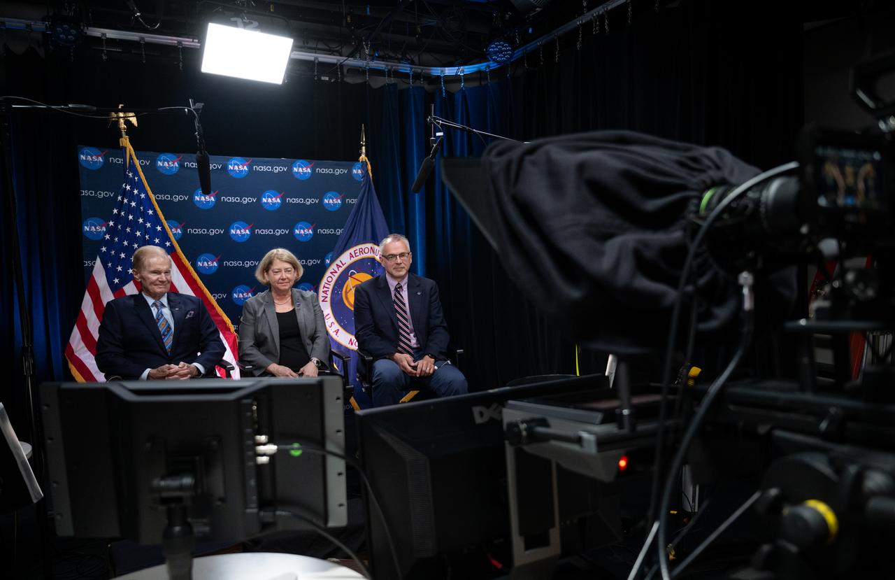 NASA Administrator Bill Nelson, left, NASA Deputy Administrator Pam Melroy, and NASA Associate Administrator Jim Free are seen during an Earth-to-space call with the agency’s Boeing Crew Flight Test crew members Butch Wilmore and Suni Williams aboard the International Space Station, Monday, June 10, 2024 at the Mary W. Jackson NASA Headquarters building in Washington. Nelson, Melroy, Free, and Johnson Space Center Director Vanessa Wyche spoke to Wilmore and Williams about their mission aboard Boeing’s Starliner Spacecraft. Photo Credit: (NASA/Joel Kowsky)