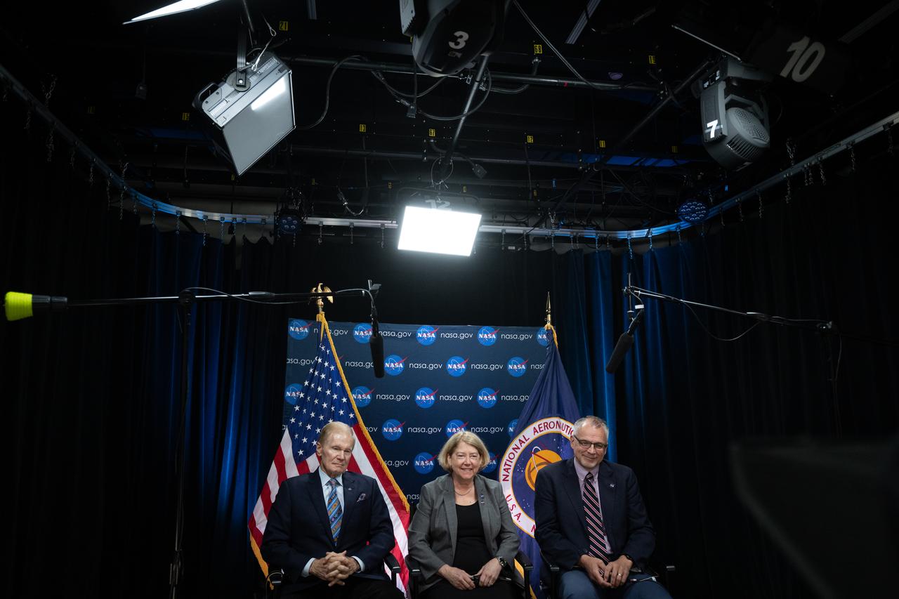 NASA Administrator Bill Nelson, left, NASA Deputy Administrator Pam Melroy, and NASA Associate Administrator Jim Free are seen during an Earth-to-space call with the agency’s Boeing Crew Flight Test crew members Butch Wilmore and Suni Williams aboard the International Space Station, Monday, June 10, 2024 at the Mary W. Jackson NASA Headquarters building in Washington. Nelson, Melroy, Free, and Johnson Space Center Director Vanessa Wyche spoke to Wilmore and Williams about their mission aboard Boeing’s Starliner Spacecraft. Photo Credit: (NASA/Joel Kowsky)