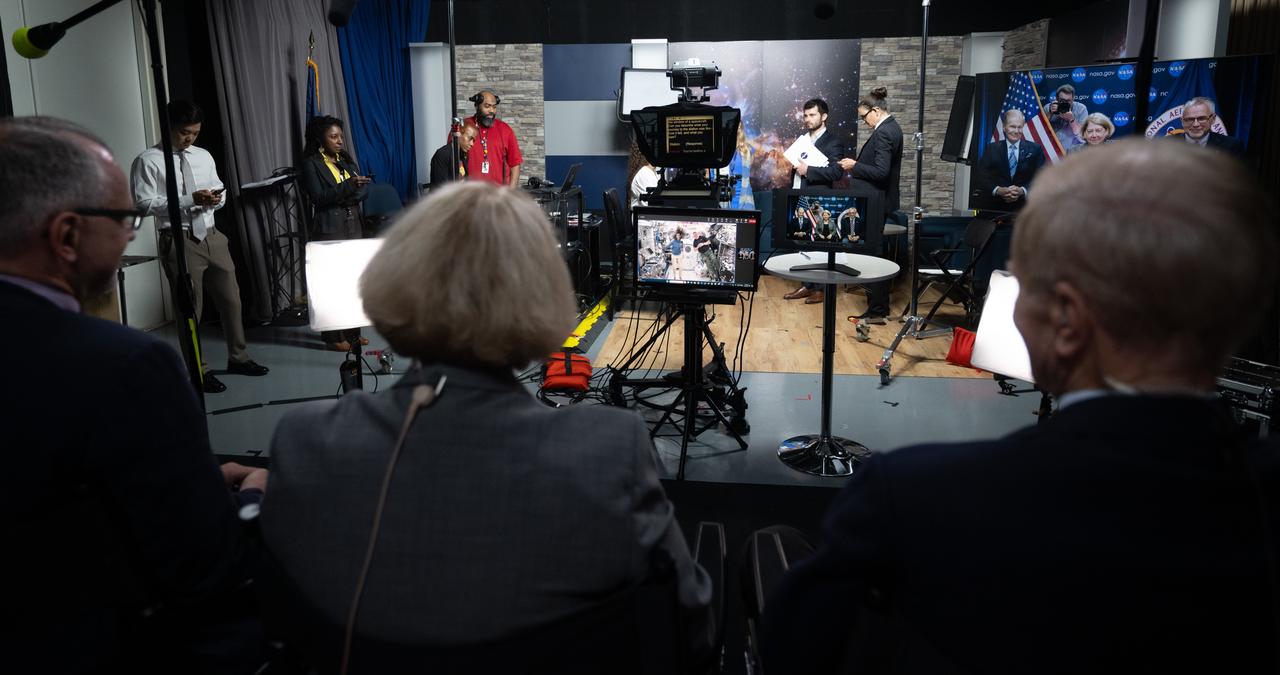 NASA’s Boeing Crew Flight Test crew members Suni Williams and Butch Wilmore are seen aboard the International Space Station on a monitor during an Earth-to-space call with NASA Administrator Bill Nelson, NASA Deputy Administrator Pam Melroy, NASA Associate Administrator Jim Free, and Johnson Space Center Director Vanessa Wyche, Monday, June 10, 2024 at the Mary W. Jackson NASA Headquarters building in Washington. Nelson, Melroy, Free, and Wyche spoke to Wilmore and Williams about their mission aboard Boeing’s Starliner Spacecraft. Photo Credit: (NASA/Joel Kowsky)