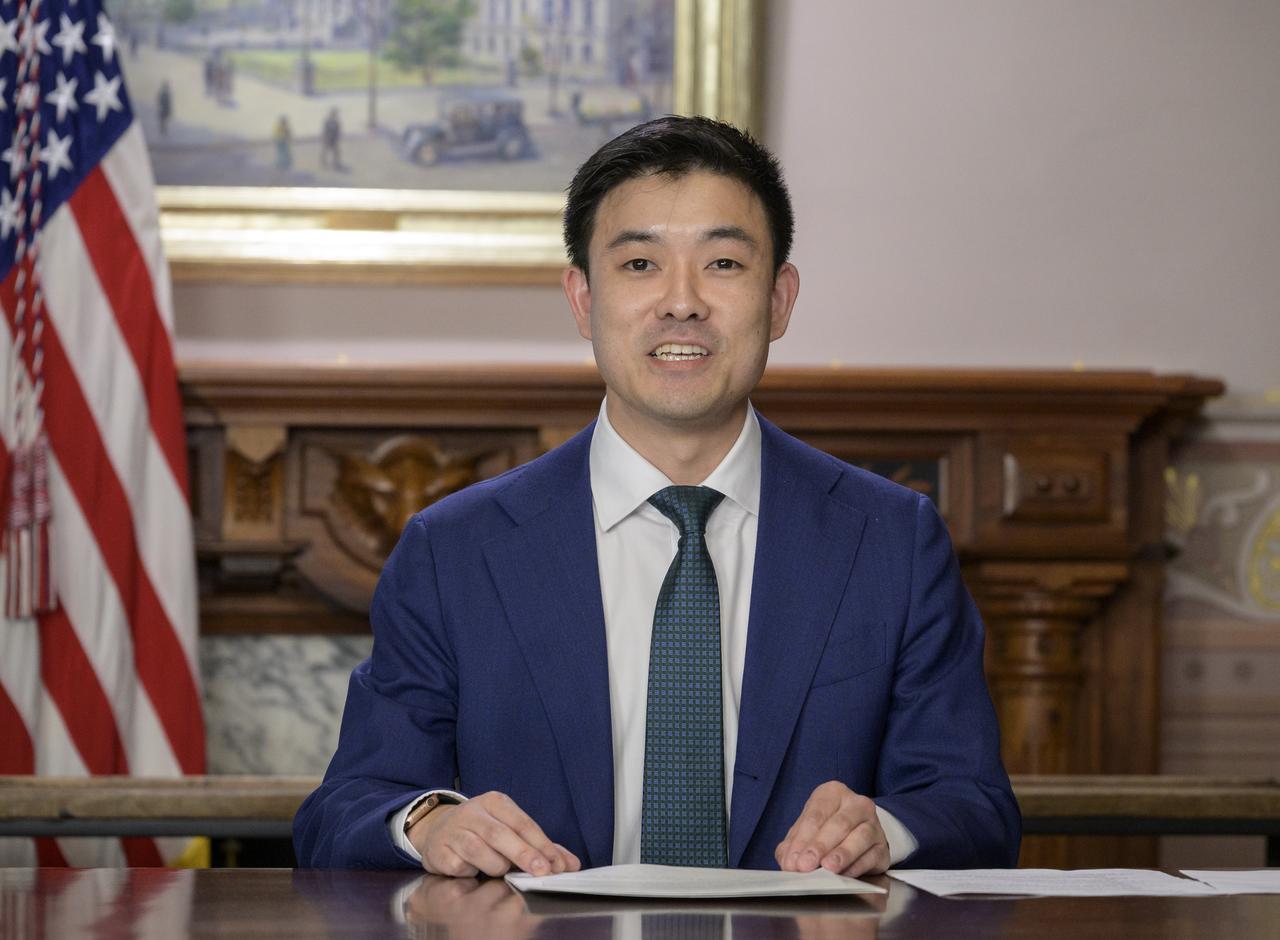 Kota Mizutani, Senior Advisor at the White House office of Public Engagement, is seen kicking off an Earth-to-space call between Chirag Parikh, Deputy Assistant to the President and Executive Secretary of the National Space Council, and NASA’s Boeing Crew Flight Test crew members Butch Wilmore and Suni Williams aboard the International Space Station, Monday, June 10, 2024 at the Eisenhower Executive Office Building in Washington. Parikh spoke to Wilmore and Williams about their mission aboard Boeing’s Starliner Spacecraft. Photo Credit: (NASA/Bill Ingalls)
