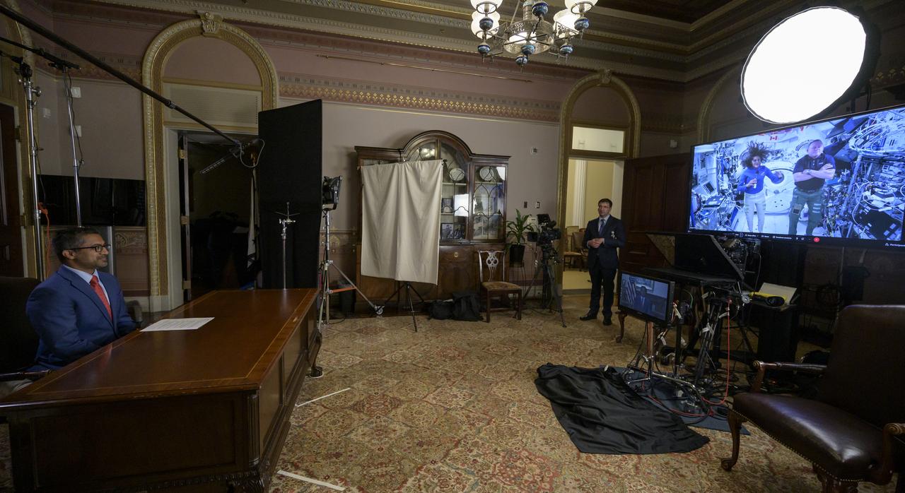Chirag Parikh, Deputy Assistant to the President and Executive Secretary of the National Space Council, is seen during an Earth-to-space call with NASA’s Boeing Crew Flight Test crew members Butch Wilmore and Suni Williams aboard the International Space Station, Monday, June 10, 2024 at the Eisenhower Executive Office Building in Washington. Parikh spoke to Wilmore and Williams about their mission aboard Boeing’s Starliner Spacecraft. Photo Credit: (NASA/Bill Ingalls)
