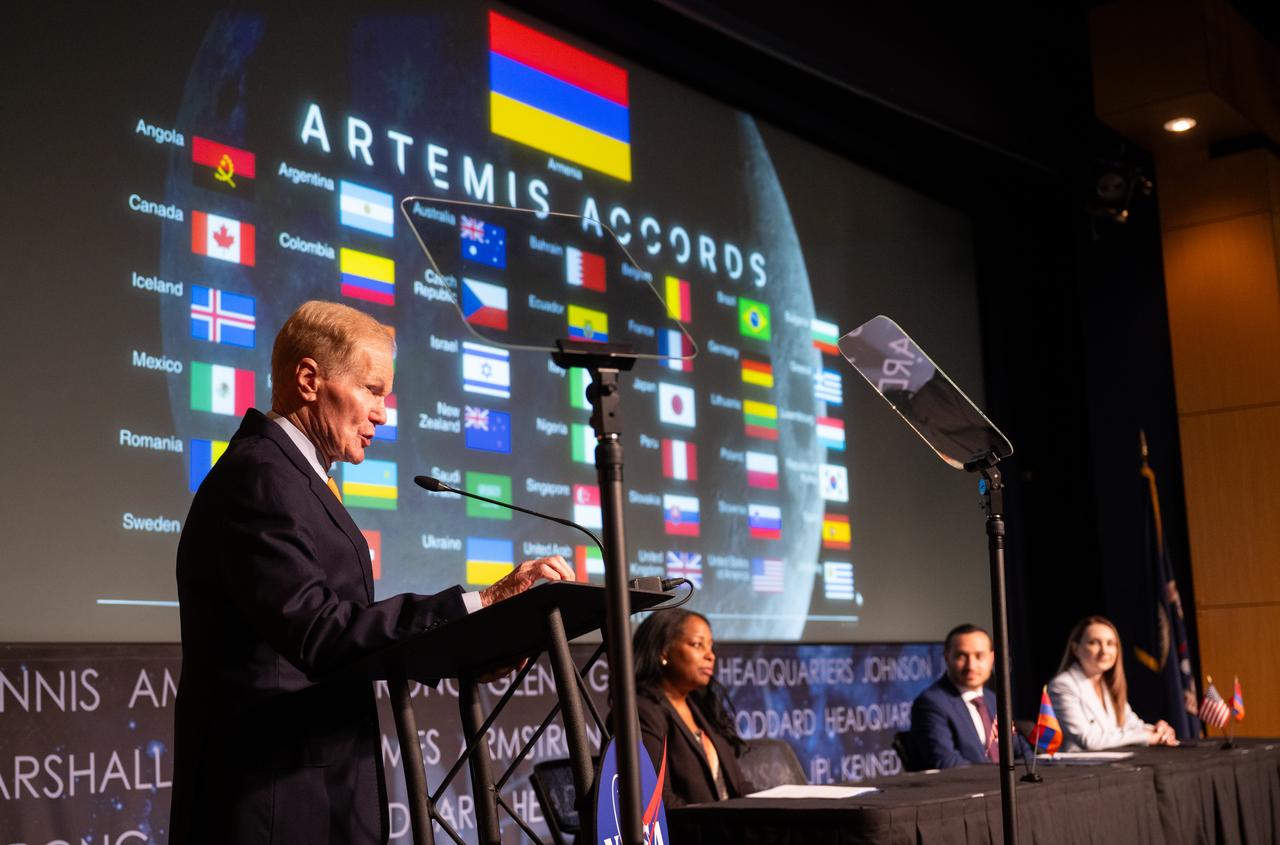 NASA Administrator Bill Nelson, left, delivers remarks during an Artemis Accords signing ceremony as Acting Assistant Secretary of State for the Bureau of Oceans and International Environmental and Scientific Affairs Jennifer Littlejohn, second from left, Mkhitar Hayrapetyan, Minister of High-Tech Industry of the Republic of Armenia, and Ambassador of the Republic of Armenia to the United States Lilit Makunts look on, Wednesday, June 12, 2024, at the Mary W. Jackson NASA Headquarters building in Washington. The Republic of Armenia is the 43rd country to sign the Artemis Accords, which establish a practical set of principles to guide space exploration cooperation among nations participating in NASA’s Artemis program.  Photo Credit: (NASA/Joel Kowsky)