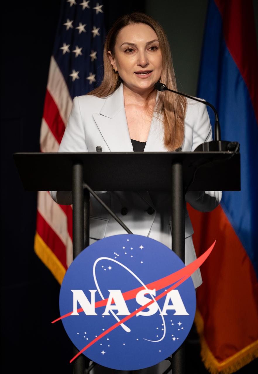 Ambassador of the Republic of Armenia to the United States Lilit Makunts delivers remarks during an Artemis Accords signing ceremony, Wednesday, June 12, 2024, at the Mary W. Jackson NASA Headquarters building in Washington. The Republic of Armenia is the 43rd country to sign the Artemis Accords, which establish a practical set of principles to guide space exploration cooperation among nations participating in NASA’s Artemis program.  Photo Credit: (NASA/Joel Kowsky)